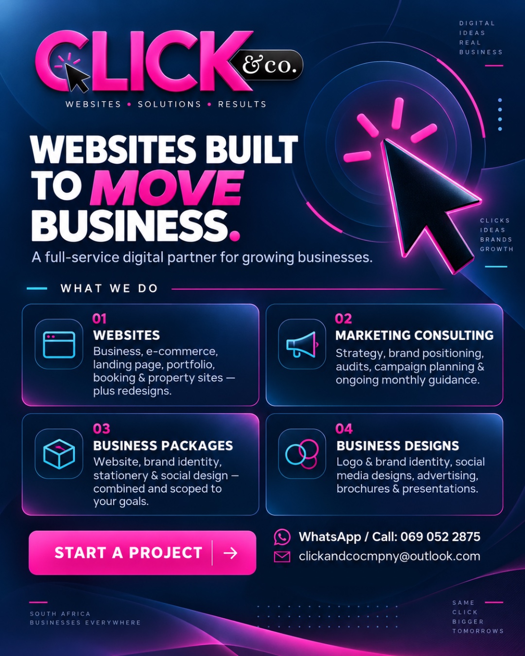 CLICK & CO. campaign advert featuring the services and websites built to move business message