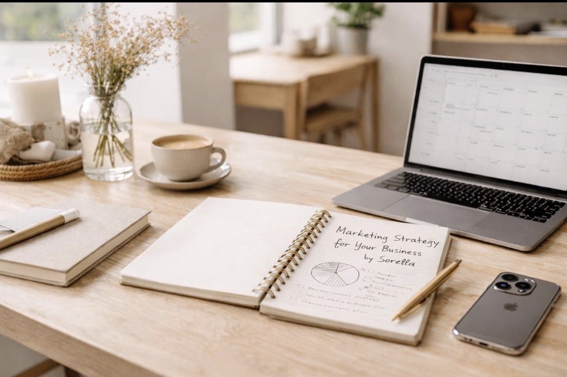 Marketing strategy notebook and pen on a desk